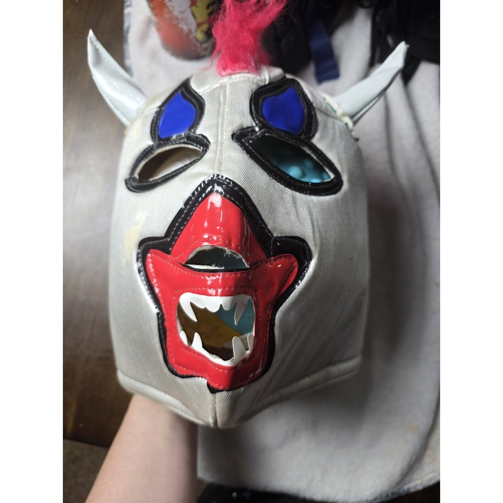 Lucha Libre Luchador Wrestling Mask Silver Horns Red Mohawk Demon Fang Used